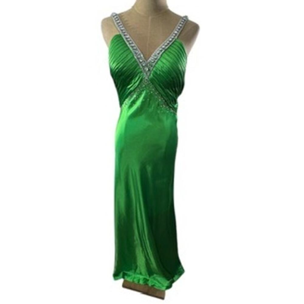"MADELINE GARDNER" MORI LEE Prom Dress SZ 6 Kelly Green Bling Babydoll Y2K Long‎